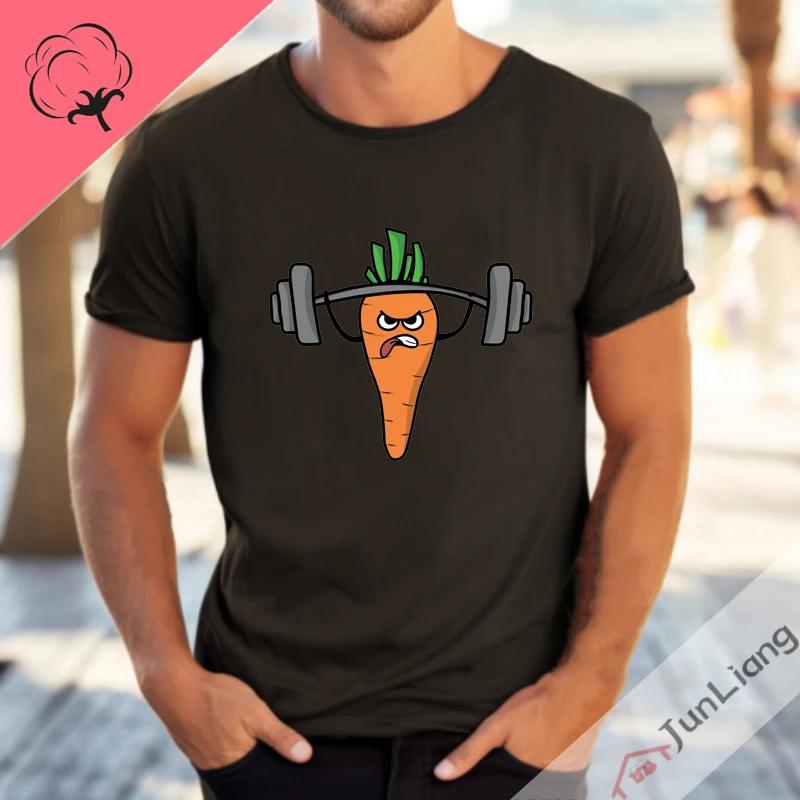 Cute Carrot Weightlifting Streetwear 100 Cotton Funny T Shirts Short Sleeved Y2k Clothing Kpop Tops Harajuku Men Tees
