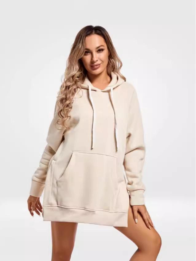 2024 Women's Solid Color Hooded Split Shoulder Sleeve Fleece Sweatshirt for Autumn and Winter