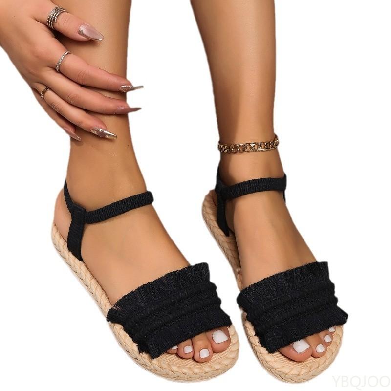 Fashion 2025 Women's Fashion tassel Shoes Laces are non slip Sandals Comfortable flat sandals Soft soled Hemp rope grass woven slippers