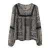 Thin Lace Patchwork Printed Chiffon Shirt for Women Long Sleeved Top Loose Spring T-shirt