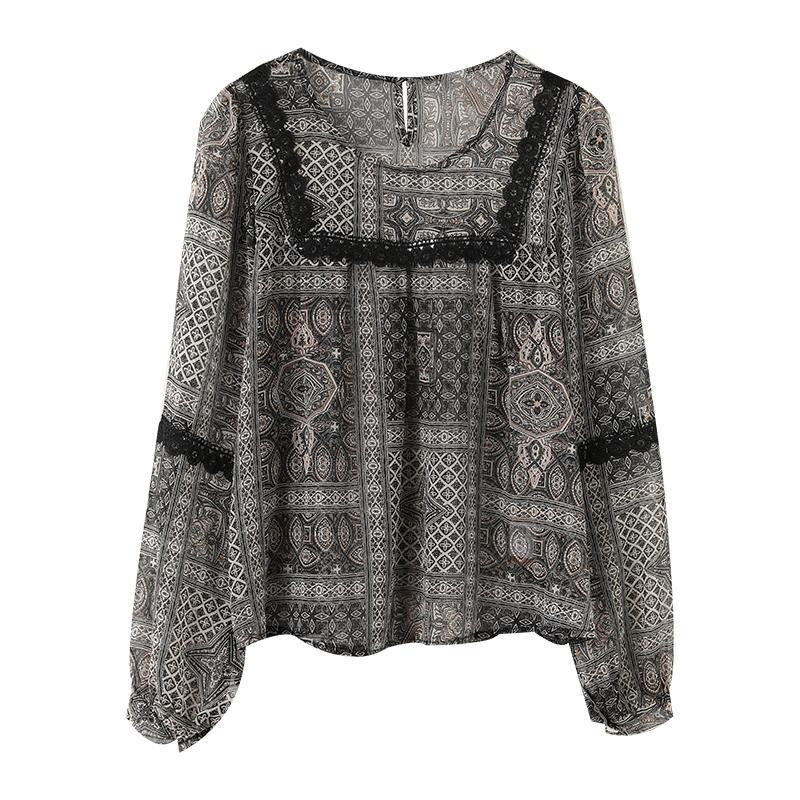 Thin Lace Patchwork Printed Chiffon Shirt for Women Long Sleeved Top Loose Spring T-shirt