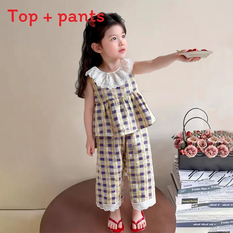Girl Summer Sleeveless Outfit Set With Lace Trim For Ages 3 To 8