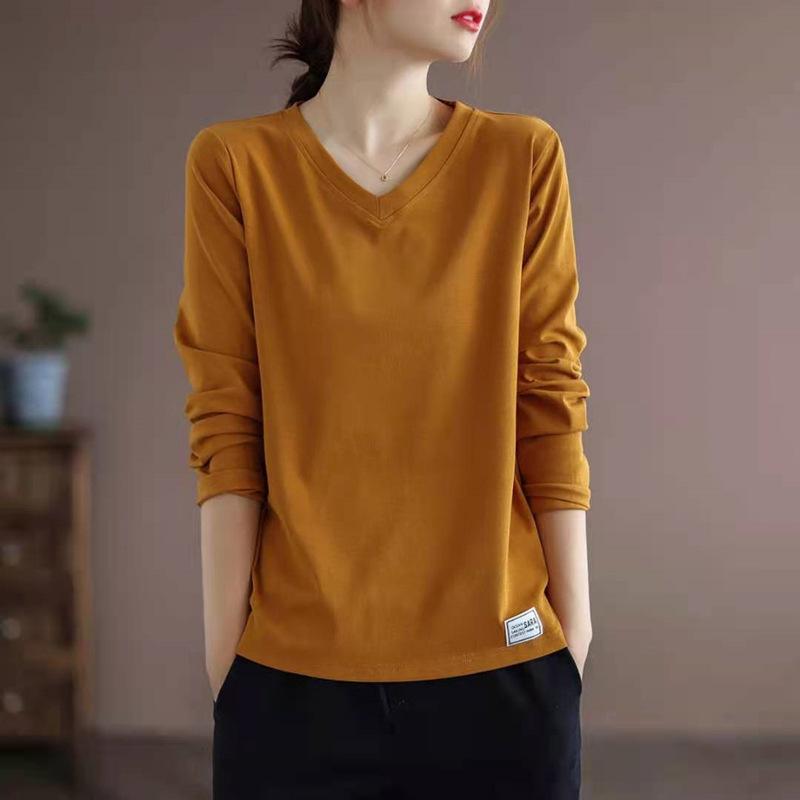 V-neck Solid Color All-match Long-sleeved T-shirt Women's Plus Size Women's Loose and Thin Bottoming Shirt Top