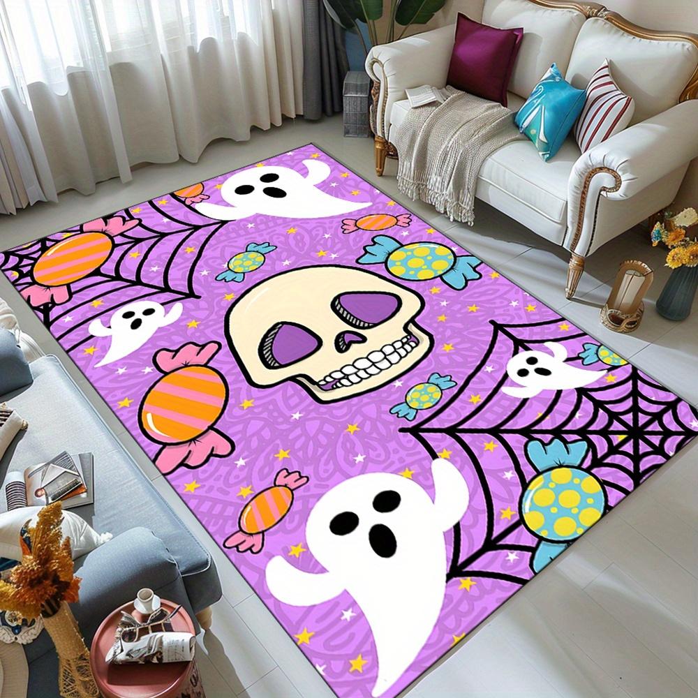 

Spooky Skull & Halloween Area Rug - Vibrant Purple Crystal Velvet Carpet with Playful Ghosts, Skulls, and Candy Design - Durable 50x80cm