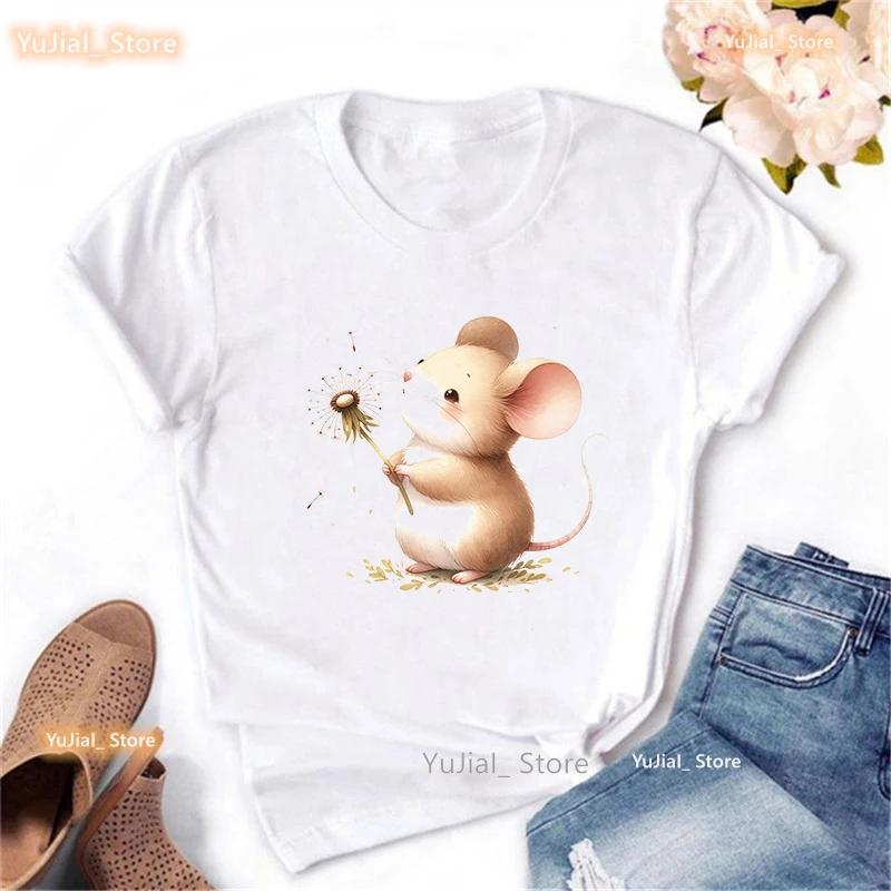 Mouse Wish Dandelion Print T Shirt Girls Kawaii Clothes Summer Fashion Tops Tee Shirt Unisex Harajuku Shirt