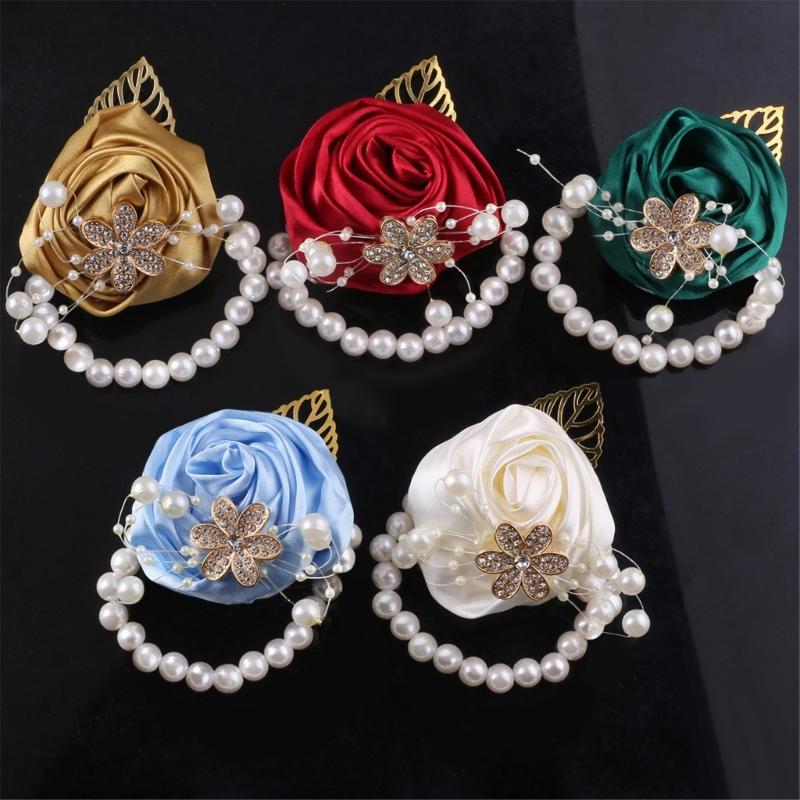 Satined Rose Pearls Design Wrist Corsage Wedding Wrist Flower Bride Wrist Accessory for Formal Occasion and Ceremonies