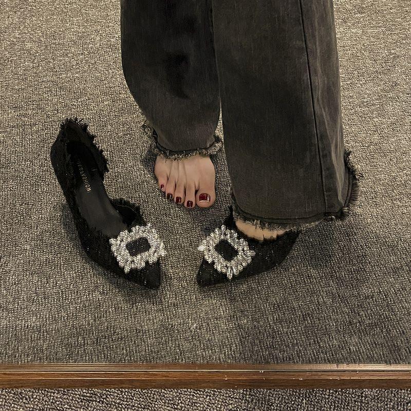 White Moonlight High Heels Thin Heels 2025 White Wedding Shoes Small Fragrant Style Pointed Square Buckle Rhinestone Temperament French Single Shoes W