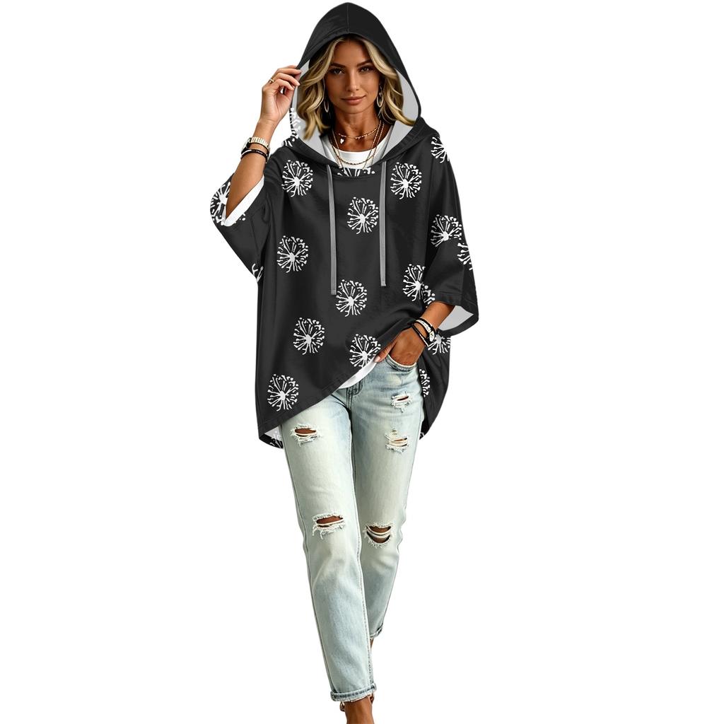 Women's Fashion Polka Dot Print Hooded Pullover Top with 3/4 Sleeves