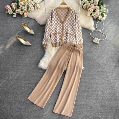 Herbst Winter Vintage Plaid Gestrickte Pullover Hose 2 Stück Set Frauen Trainingsanzug Einreiher Jacke Mantel + Knöchel Länge Hosen Outfits