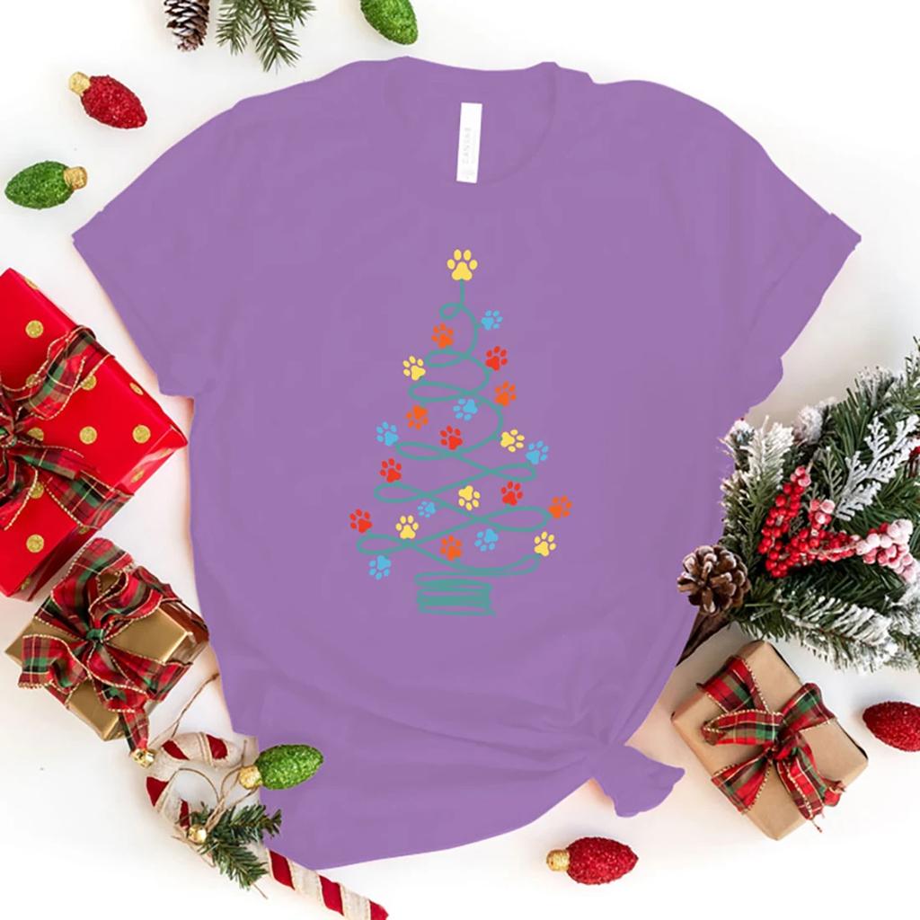 Christmas Dog Print Tree Print T Shirt Short Sleeve O Neck Loose Women Summer Cool Tshirt Ladies Tee Shirt Tops Clothes
