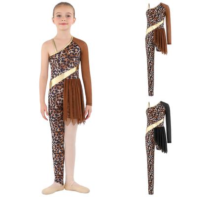 Complete Stage & Theme Outfit for Girls: Asymmetrical Leopard Print Bodysuit with Patchwork for Dance & Performance