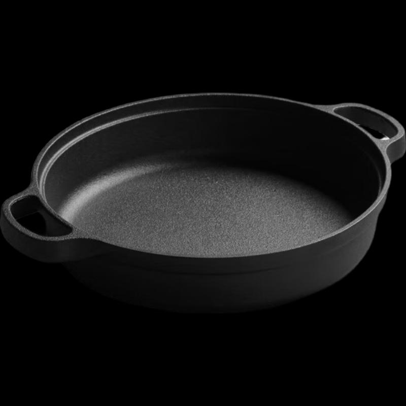 ZISIZ 35cm Cast Iron Flat-Bottom Frying Pan with Wooden Lid