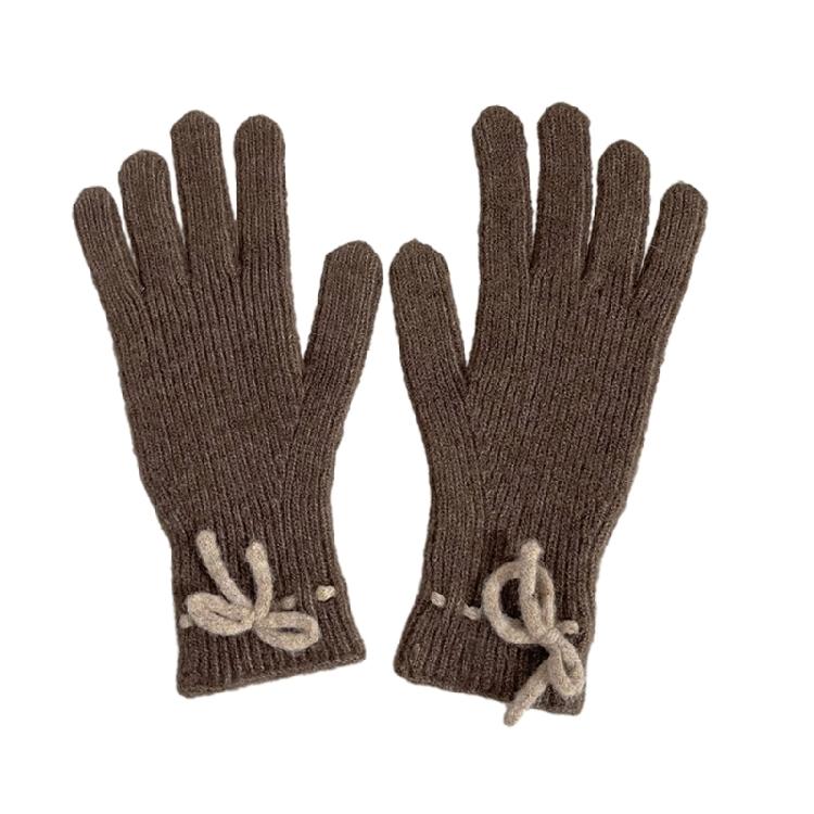 

Multiple Color Knit Glove Winter Full Finger Small Bowknot Decor Glove for Teens кавовий
