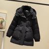 Women's Winter Thickened, Waist-Cinched, Slimming, Korean-Style Mid-Length Cotton Coat—Solid Color, Loose Fit, Large Pockets