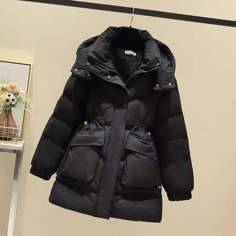 Women's Winter Thickened, Waist-Cinched, Slimming, Korean-Style Mid-Length Cotton Coat—Solid Color, Loose Fit, Large Pockets