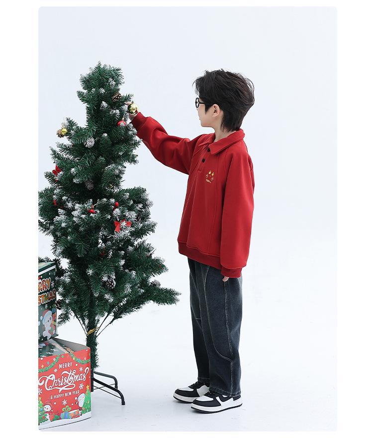 Boys' Red Fleece Hoodie - 2025 Autumn/Winter Zodiac Year of the Horse Outfit for Middle/Big Kids