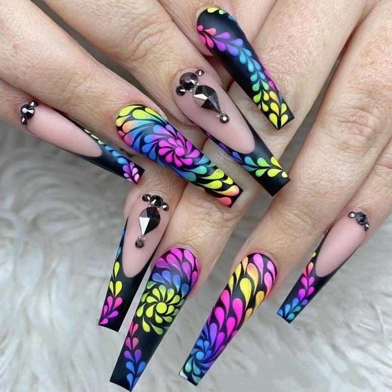 24 Stuks Herbruikbare Zelfklevende Nepnagels French Lang Ballet Roze Roos Contrast Lijn Press On Nagels