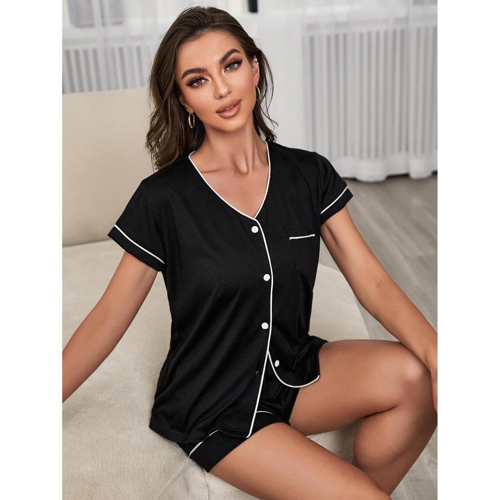European and American Loungewear Set Summer Cardigan Three-quarter Sleeve Shorts Two-piece Pajamas Women's Nightwear