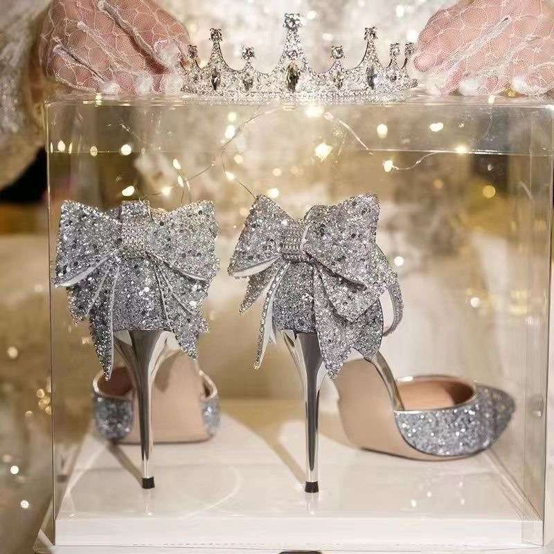 French Pointy Shallow Mouth Temperament Elegant Sequin Bow High Heels Women's Fine Heel Pearl Line with A Single Shoe