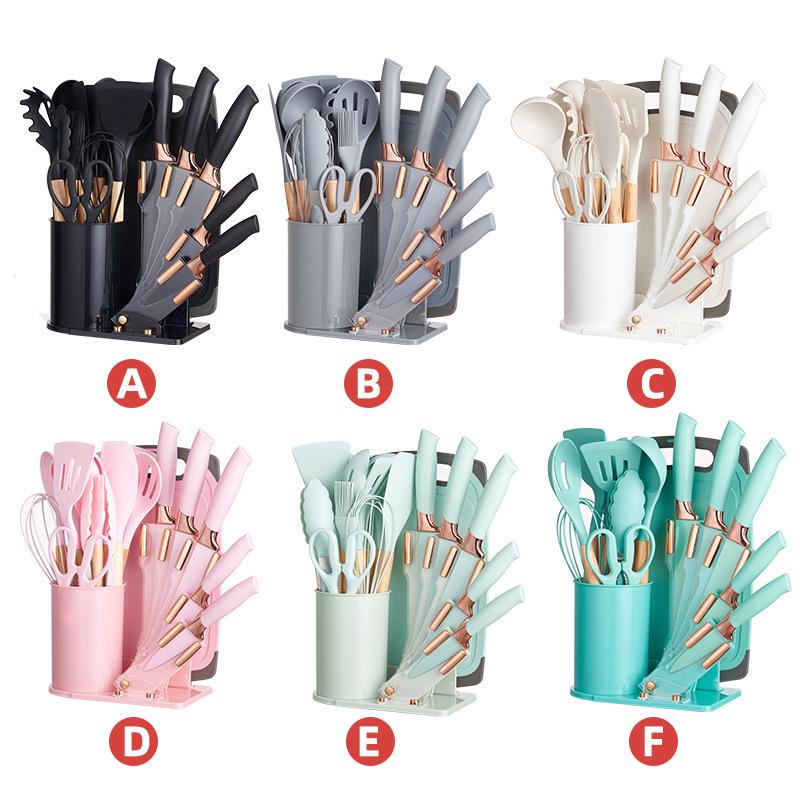 19-Piece Wooden Handle Silicone Kitchen Utensil Set with Spatulas, Spoons, Storage Bucket, and Knife Set