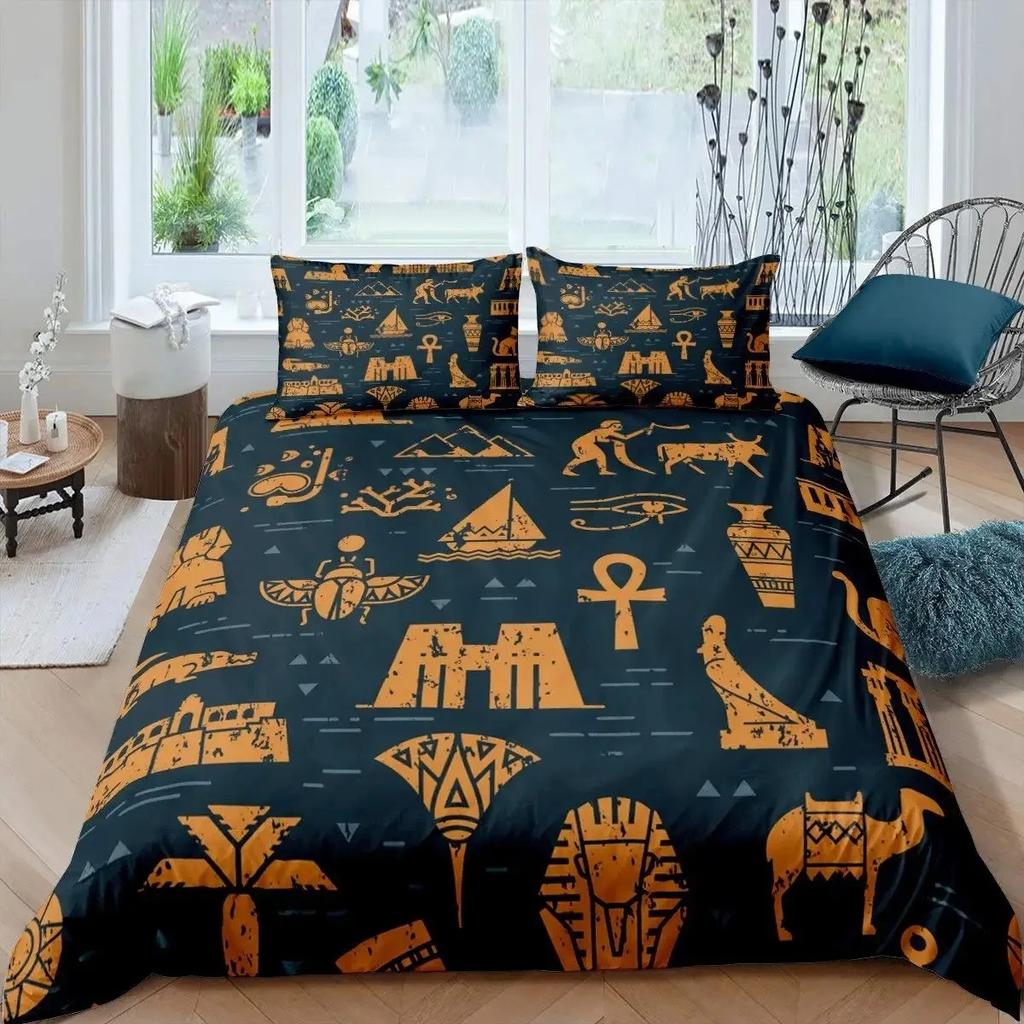 3D Ancient Egypt Tribe Duvet Cover Set,Pharaoh Bedding Sets,Egyptian Pyramids Exotic Style Comforter Cover Set Full Queen Size