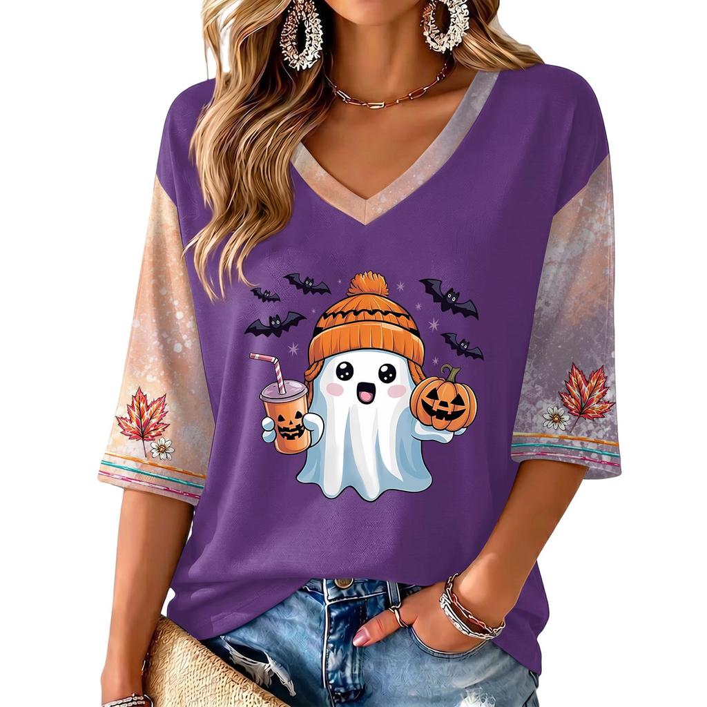 Women's V-Neck Casual Halloween Print Three-Quarter Sleeve Top for Fall Festive Occasions