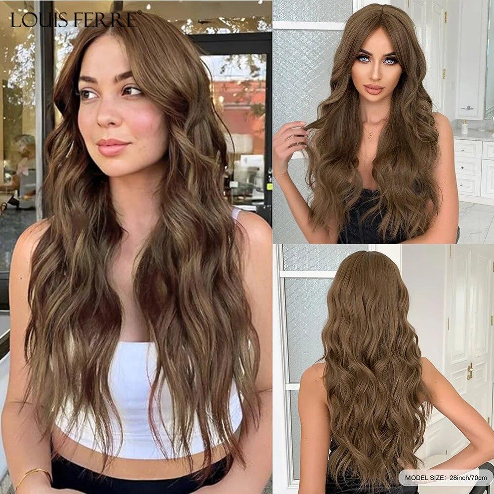 LOUIS FERRE Schwarze gewellte synthetische Perücken für Frauen, natürliches langes Haar mit Pony, hitzebeständige Faserperücke für den täglichen Gebrauch