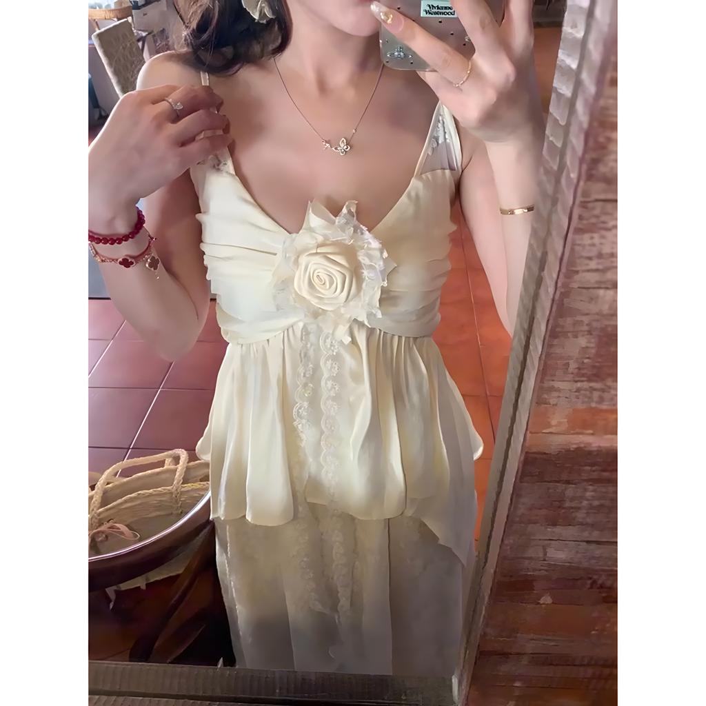 Gentle lace splicing high waist skirt suspender suit women's summer seaside vacation atmosphere a complete set of wear