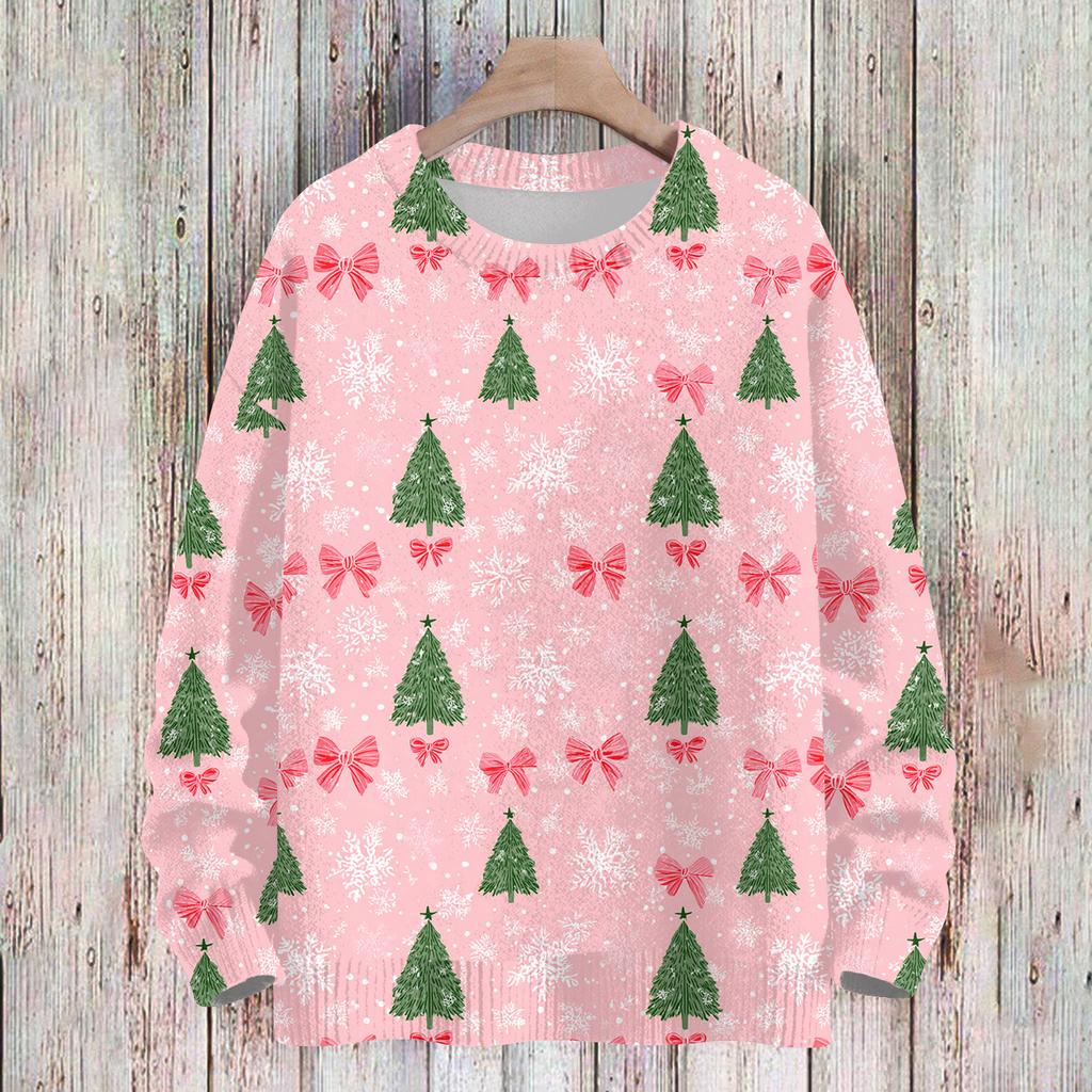 Ladies' Fashionable And Casual Christmas Cute Printed Round Neck Long Sleeved Knitted Yarn