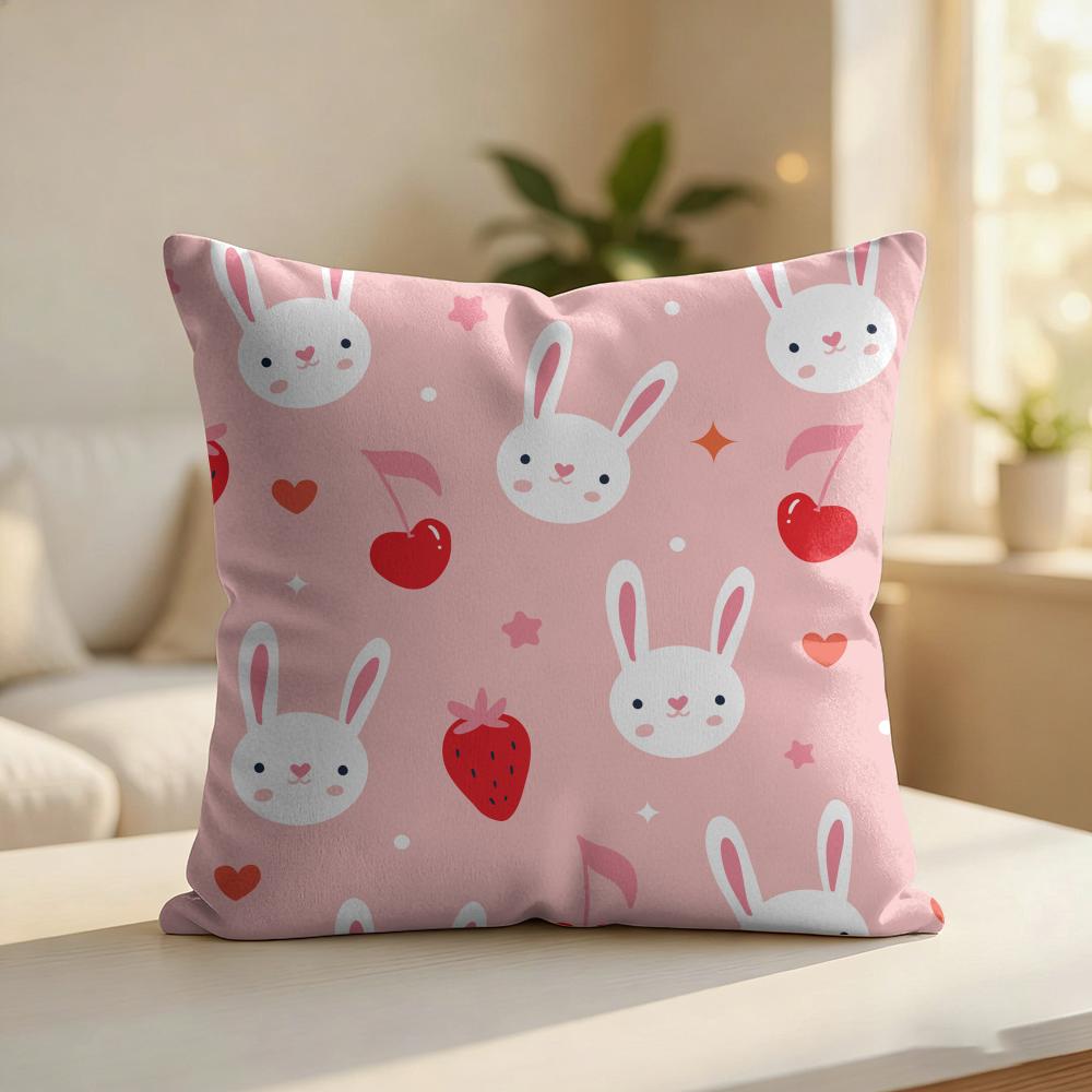 Pink Bunny Pattern Cushion Cover Silky Short Plush Invisible Zipper Dustproof Sofa Pillow Case For Home Decor