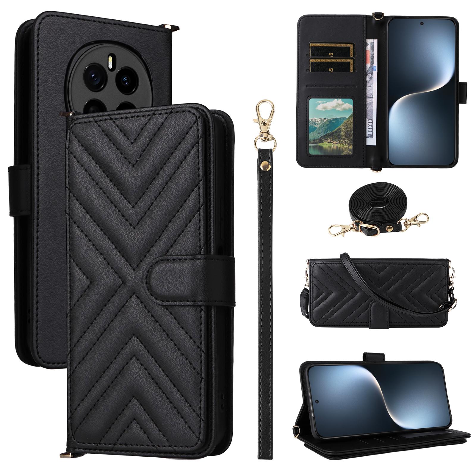 

For Honor Magic7 5G Wallet Case with Shoulder/Wrist Strap Leather Phone Cover Stand Black