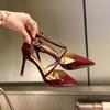 Cross strap stiletto sexy high heels women's 2025 spring and summer new one-word buckle burgundy hollow sandals