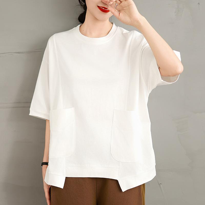 DIMANAF 2025 Summer T-Shirt Plus Size Women Casual Pockets Solid Short Sleeve Loose Tops