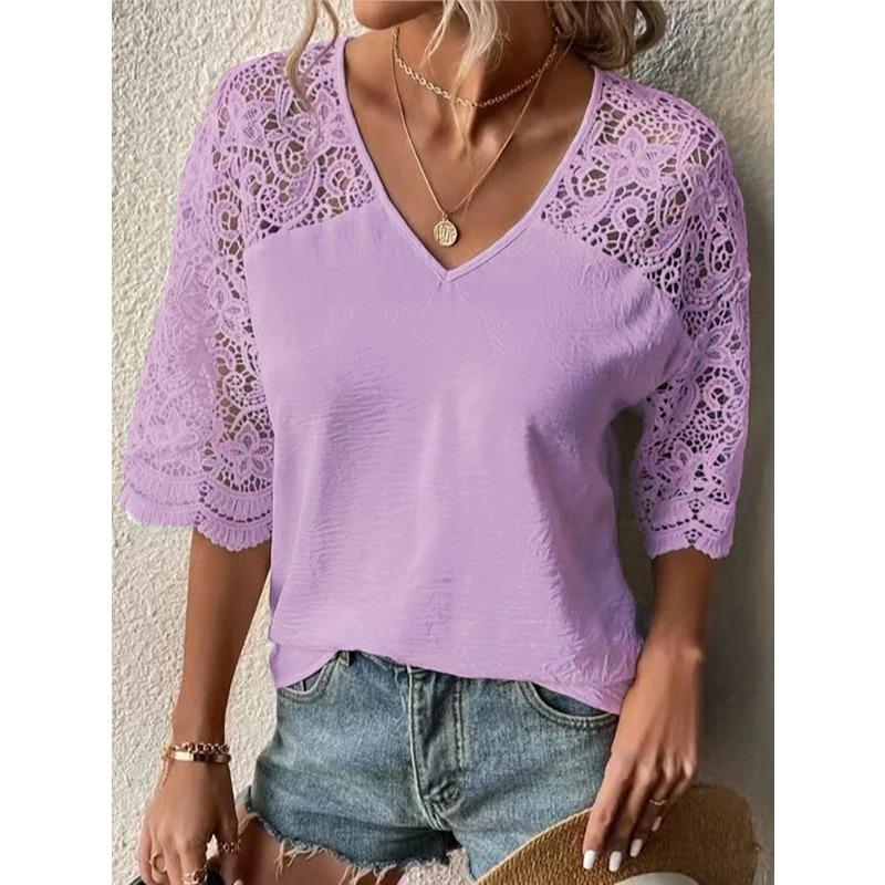 

Жіноча футболка Літня Вільна Повсякденна Мереживна V-подібним вирізом Рукав п ять чвертей Футболка Жіночі топи XXL фіолетовий