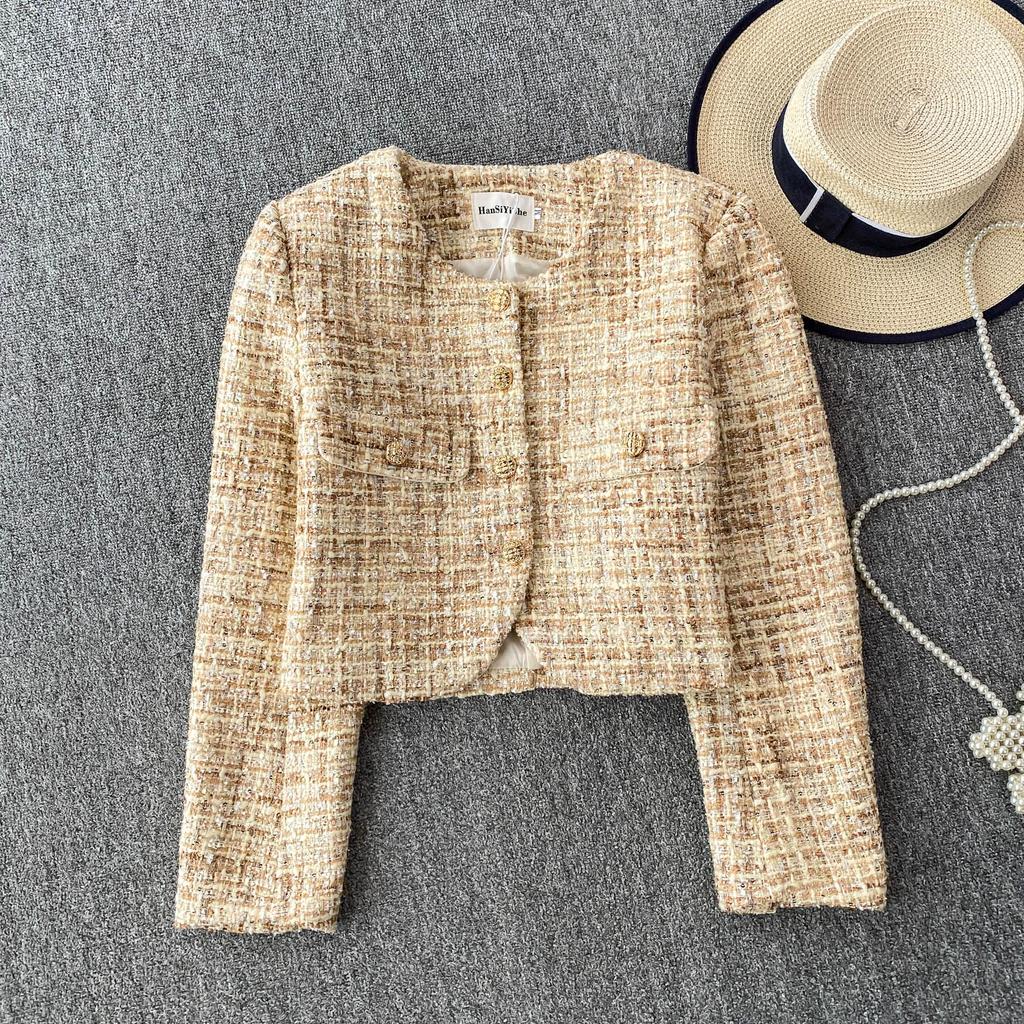 Autumn Winter Women Elegant Little Fragrant Wind Full Sleeve Single Breasted Plaid Tweed Short Jacket Coat