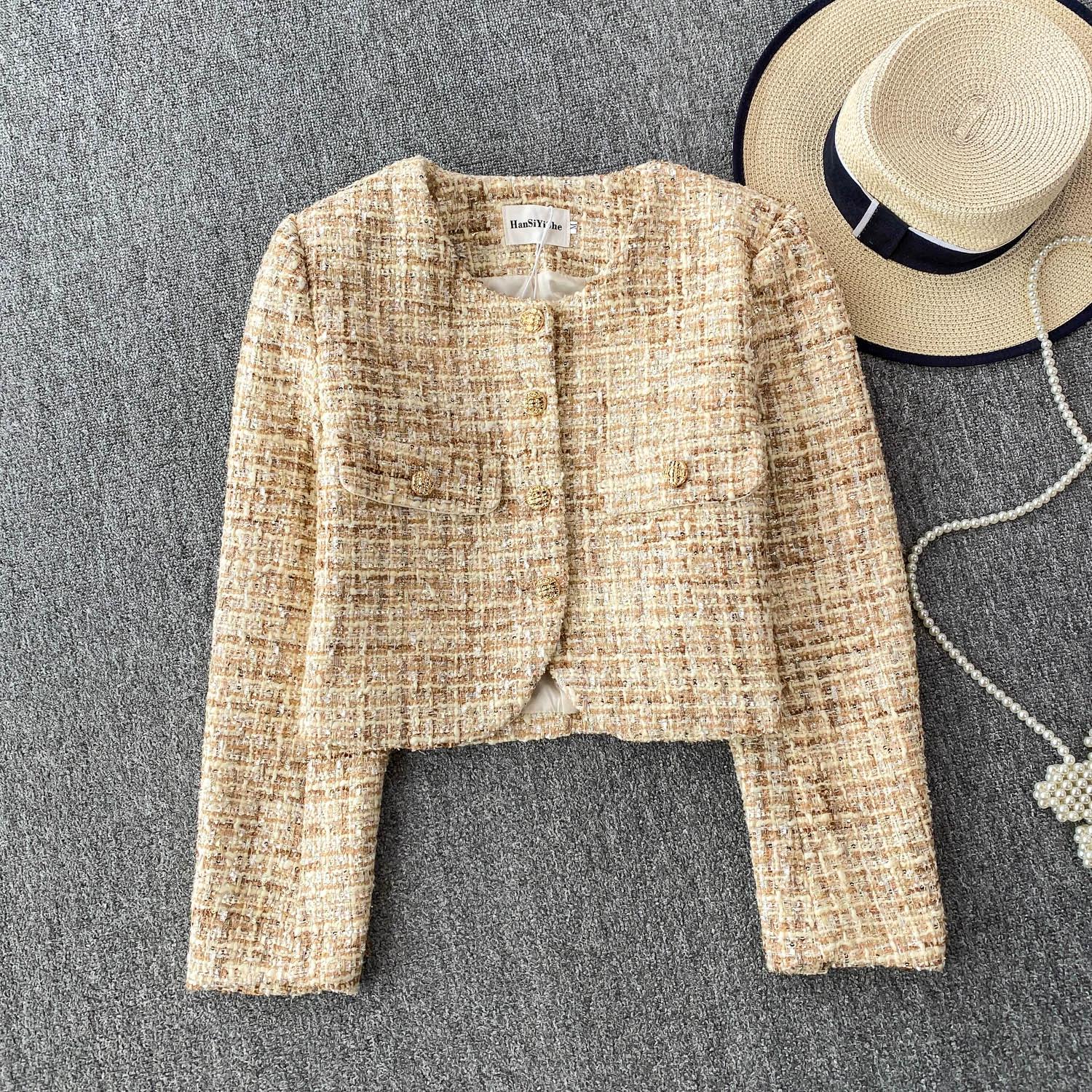 

Осень Зима Женский Элегантный Маленький Ароматный Ветер Рукав Три Четверти Однобортный Клетчатый Твидовый Короткий Жакет Пальто M