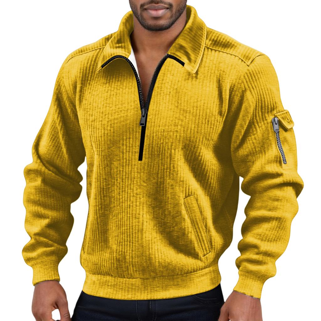 Men's Solid Color Corduroy Zipper Neck Long Sleeve Top Men's Casual Lapel Top