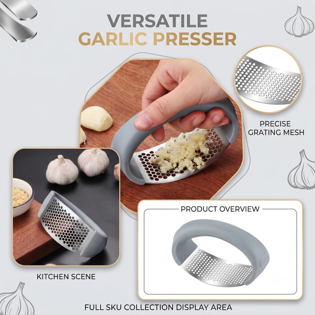 Stainless Garlic Press with, Multifunctional Manual Garlic Mincer and Crusher for Kitchen Use