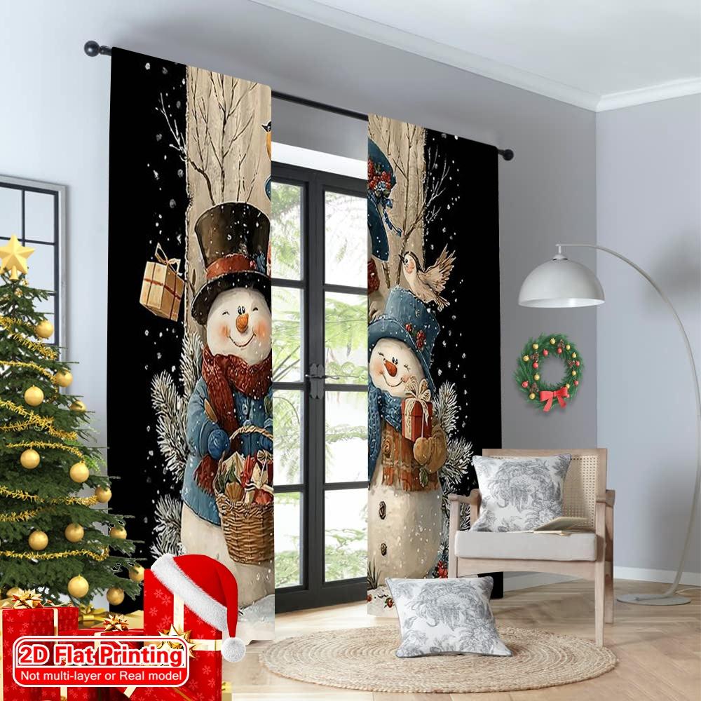 2pcs 2D Flat Printing Merry Christmas Curtains Snowman_ Versatile Fabric Without Electricity Family Party Perfect for Home Decor