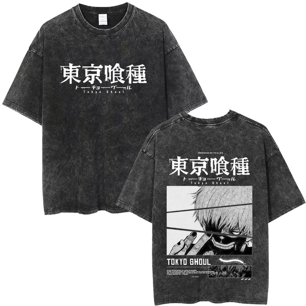 Washed Vintage Anime Tokyo Ghoul T Shirt Manga Kaneki Ken Graphic T-shirt Men Women Cartoon Retro Oversized T-shirts Streetwear S