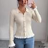 Women's Collared Ribbed Knit Cardigan with Ruffle Trim