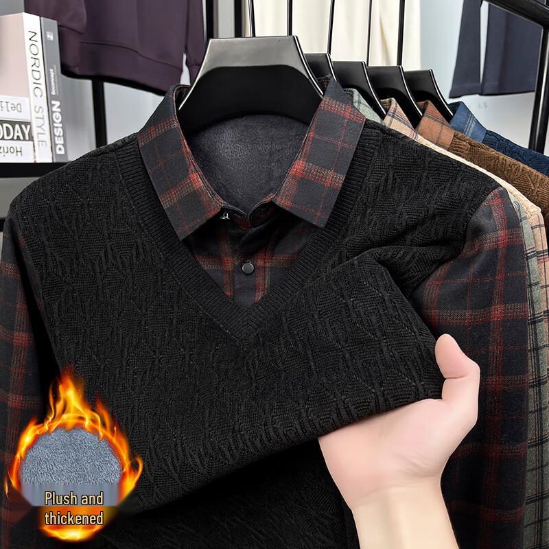 TUCANO Men s Winter Warm Faux Two-Piece Plush Lined Jacquard Sweater 4XL