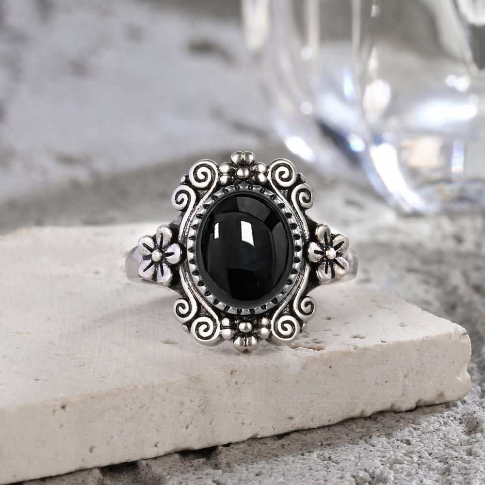 Vintage 925 Sterling Copper Ring Natural Black Onyx Ring Oval Round Stone Retro Fine Zircon Gift Sun Shaped For Women Men