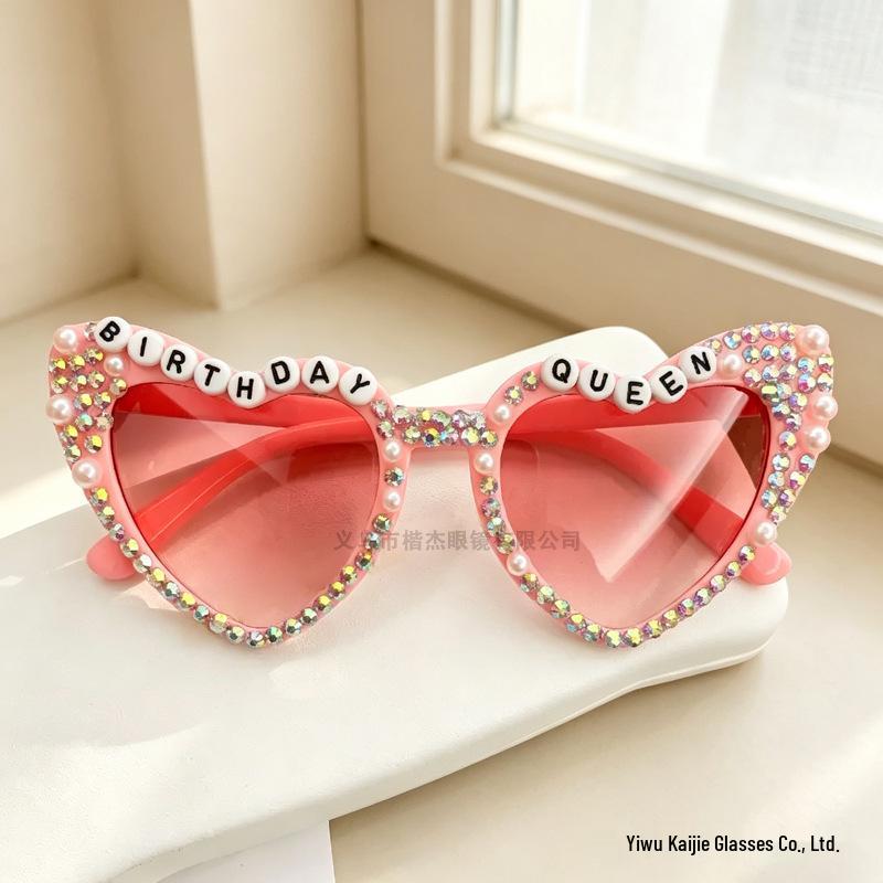 Pink Heart Pearl Sunglasses with English Letter Design for Girls' Birthday Parties