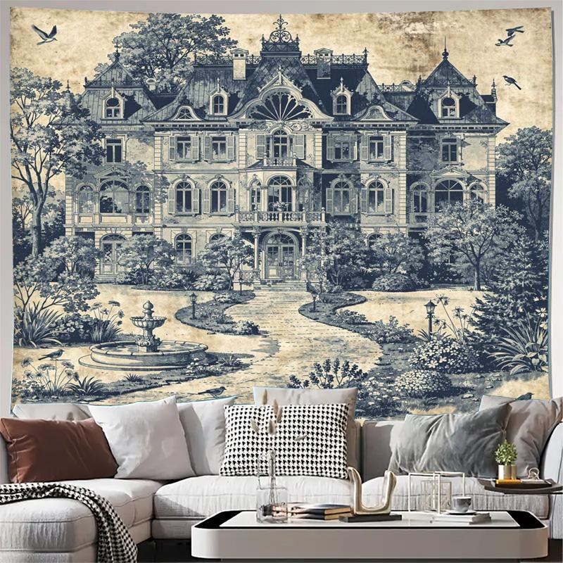 Elegante Vintage Herrenhaus Wandteppich Blau Wandbehang Kunst Europäisches Anwesen Dekor Großer Gotischer Haus Druck Ästhetische Wohnkultur 100X70CM