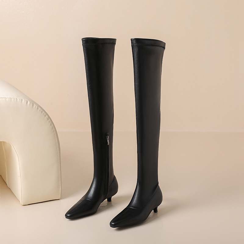 Krazing Pot Cow Skin Autumn Winter Shoes Low Heels Elastic Boots Big Size 46 Women Keep Warm Over-the-knee Boots