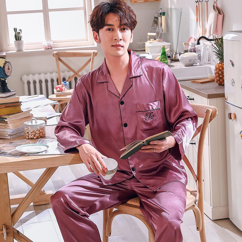 Frühlings-Seidenpyjama-Set im koreanischen Stil: Damenimitatseide & Herren Dünn Langarm Hauskleidung