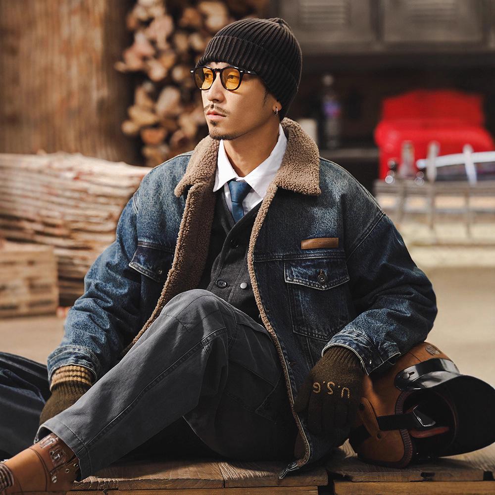 Men's American Retro Lambswool Denim Winter Jacket