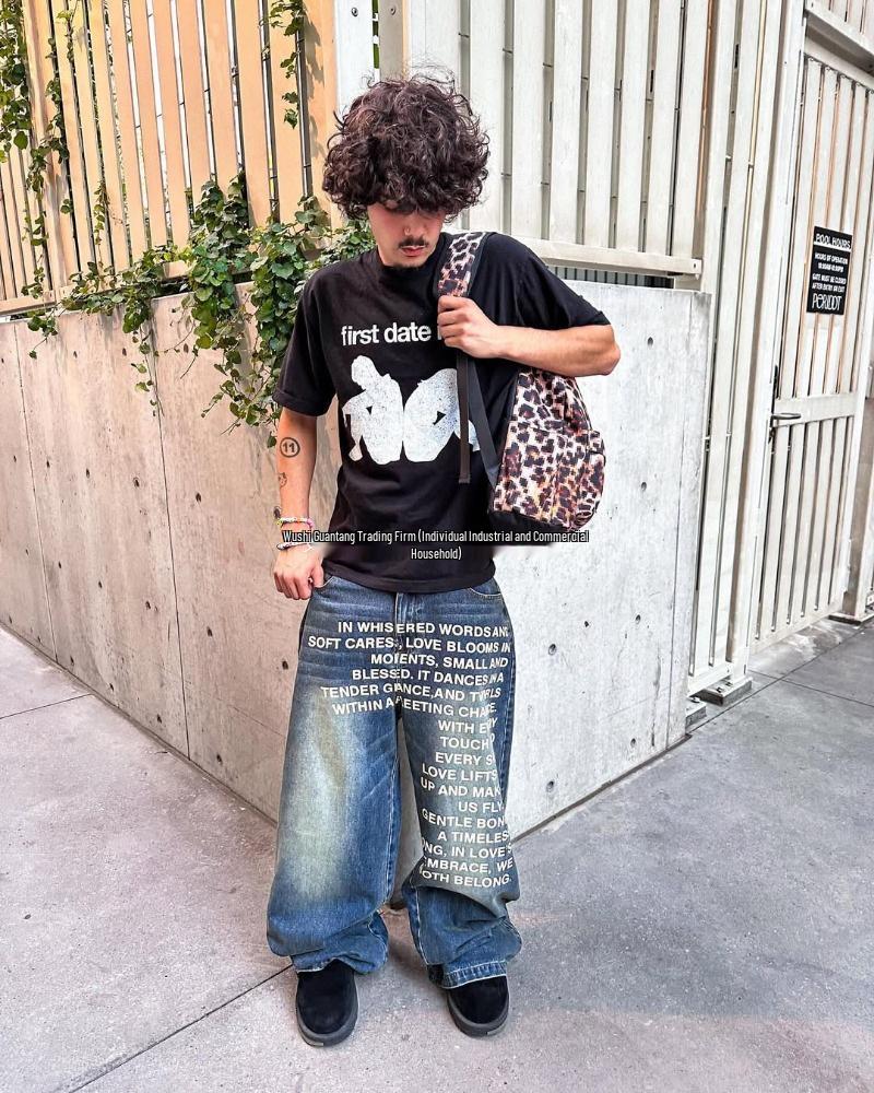 Pantalones vaqueros anchos para hombre con estampado de letras retro americano y lavado