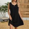Women's Dress Solid Color Round Neck Hollow Pleated Sleeveless Pocket Dresses